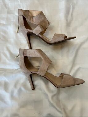 BCBG Women's Suede Open-Toe Ankle Strap Heels in Taupe